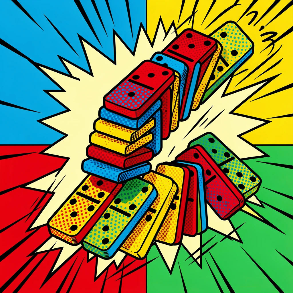 A stack of dominoes mid-fall in an elaborate chain reaction