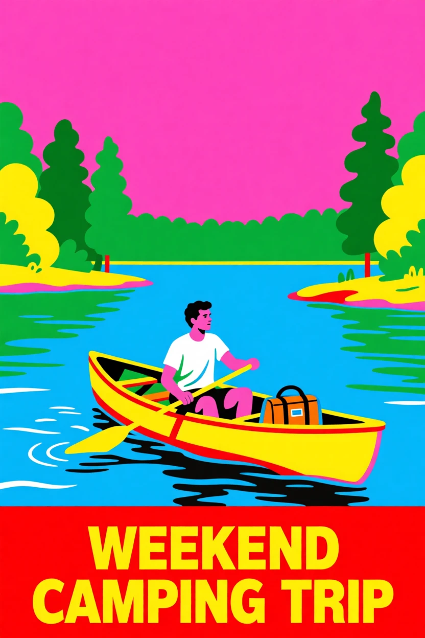 Weekend camping trip with a canoe by a lake