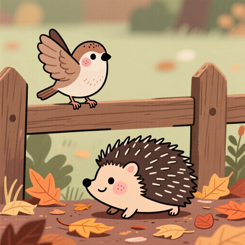 A sparrow perches on a garden fence, fluffing its wings while a hedgehog moves quietly through the fallen leaves below.