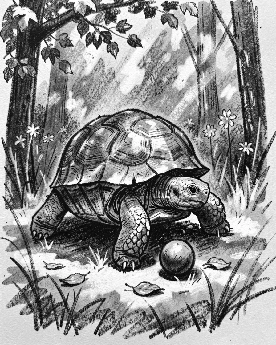 A wise old tortoise playing together in a sun-dappled clearing.