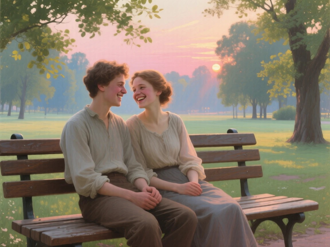A medium shot of a young couple sharing a quiet laugh on a park bench, just after sunrise, in a soft summer breeze.