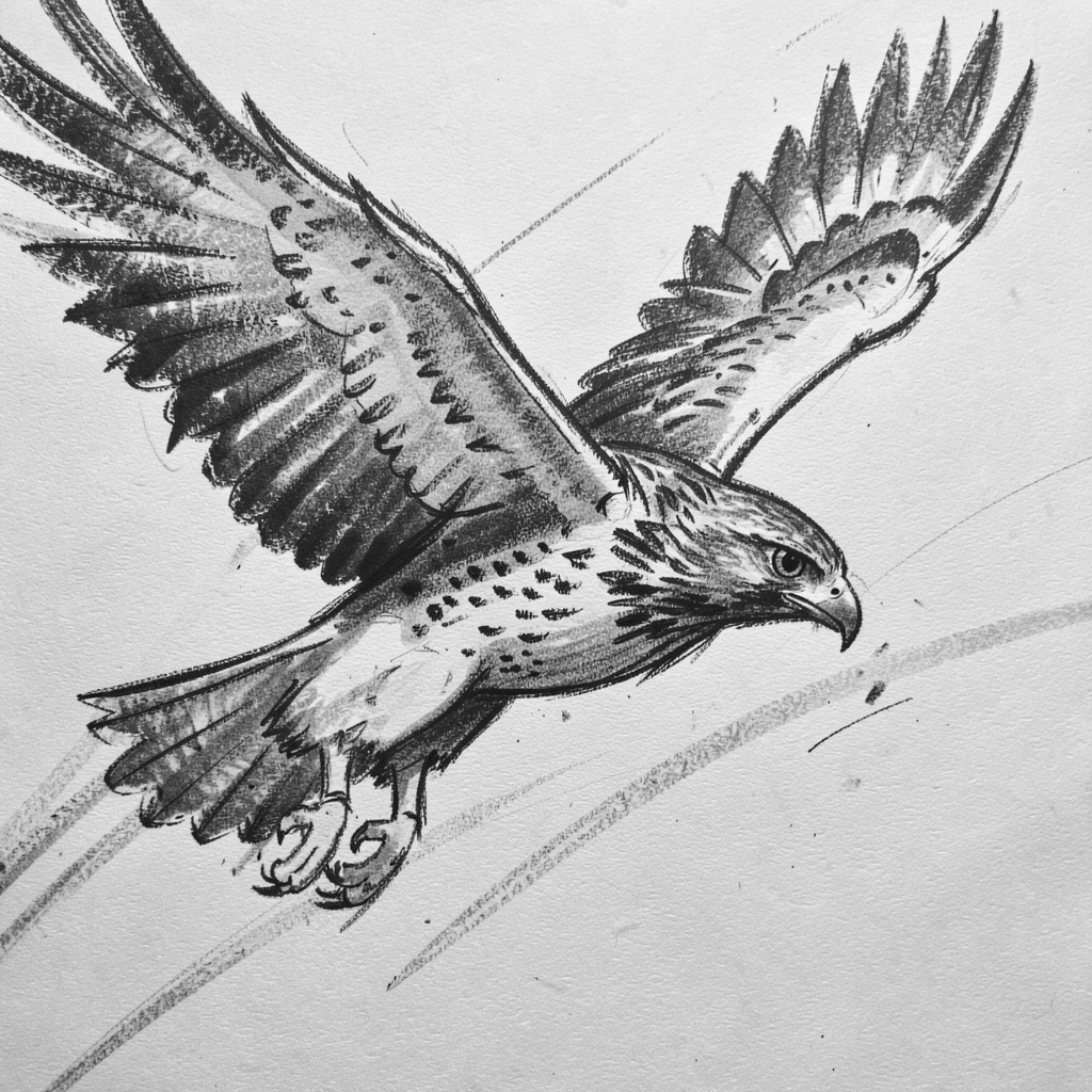 A hawk in flight leaping gracefully through the air.