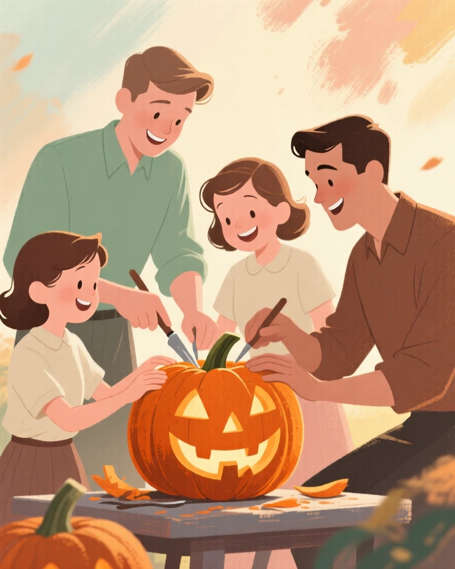 A family gathered to carve a jack-o'-lantern together