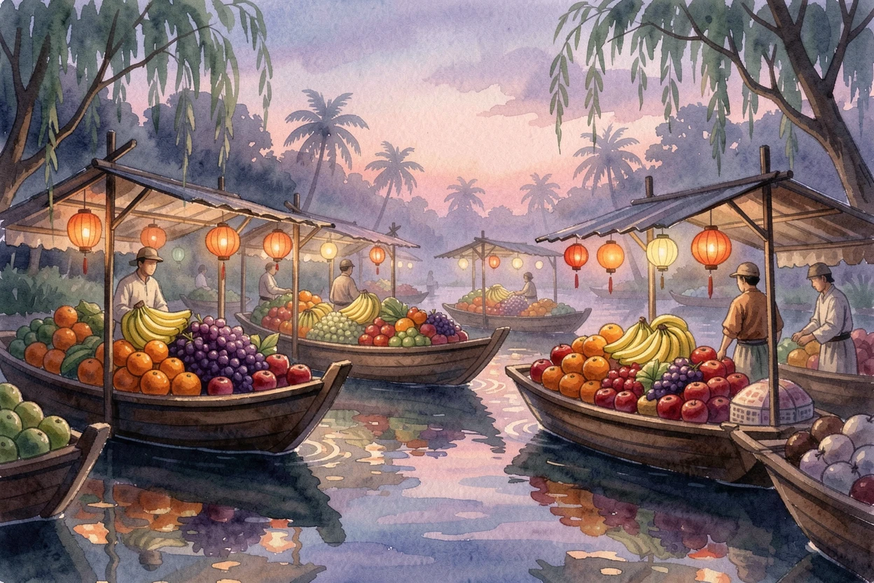 A floating market with boats piled high with fruit as lanterns are lit at dusk.