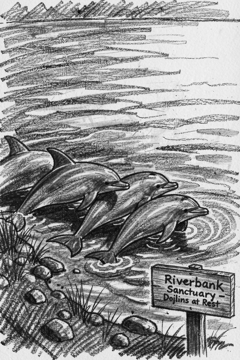 A pod of dolphins basking in the warm sun on a riverbank.