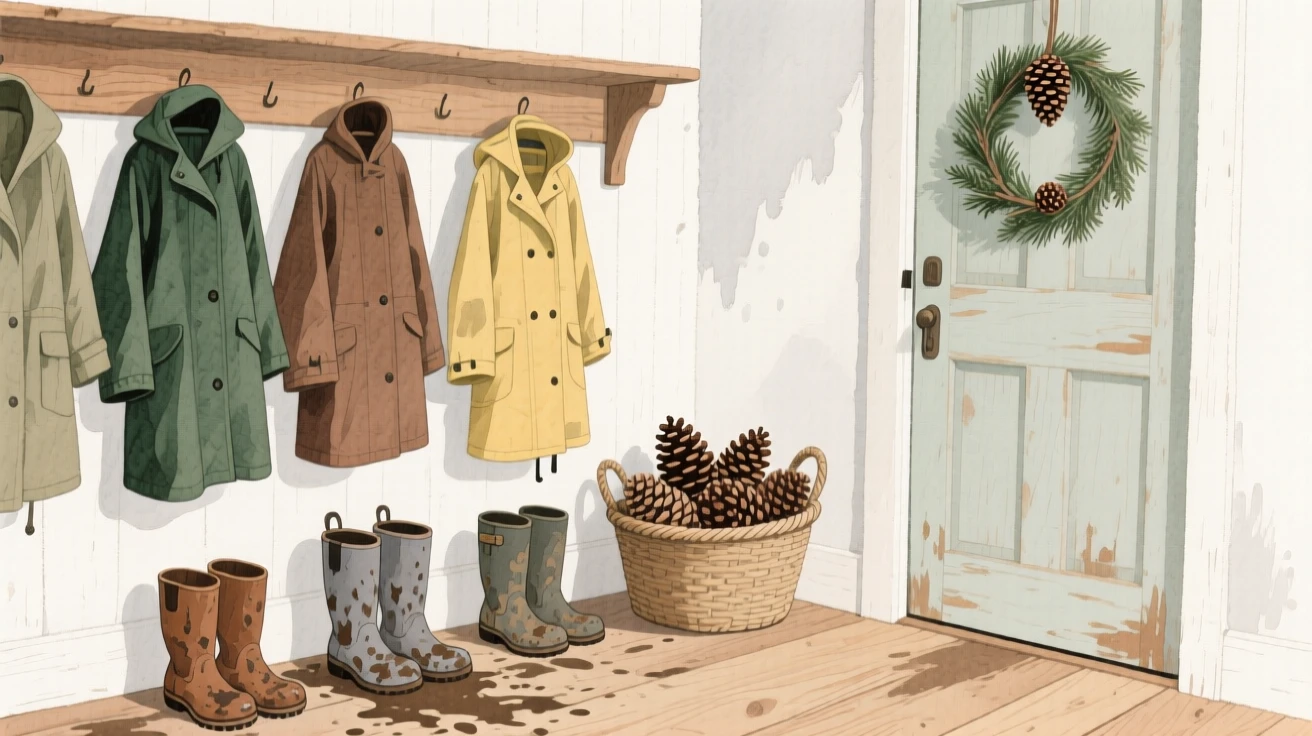 A rustic mudroom with hanging raincoats, muddy boots, and a basket of pinecones beside a wreath-covered door