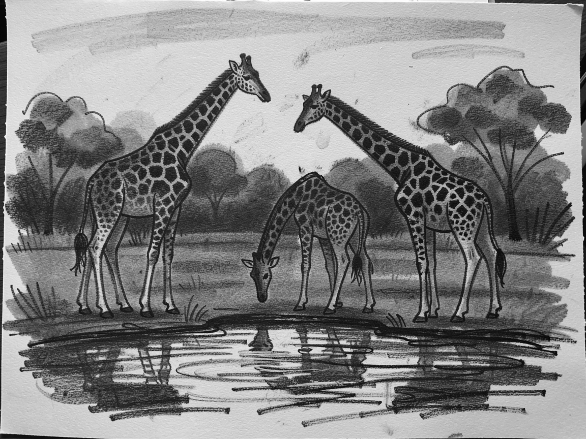 A giraffe family gathered around a watering hole at dusk.