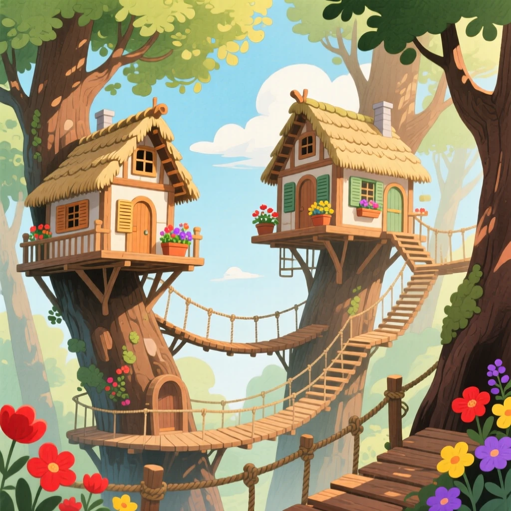 A kingdom of treehouses connected by wooden walkways, mysterious and inviting.