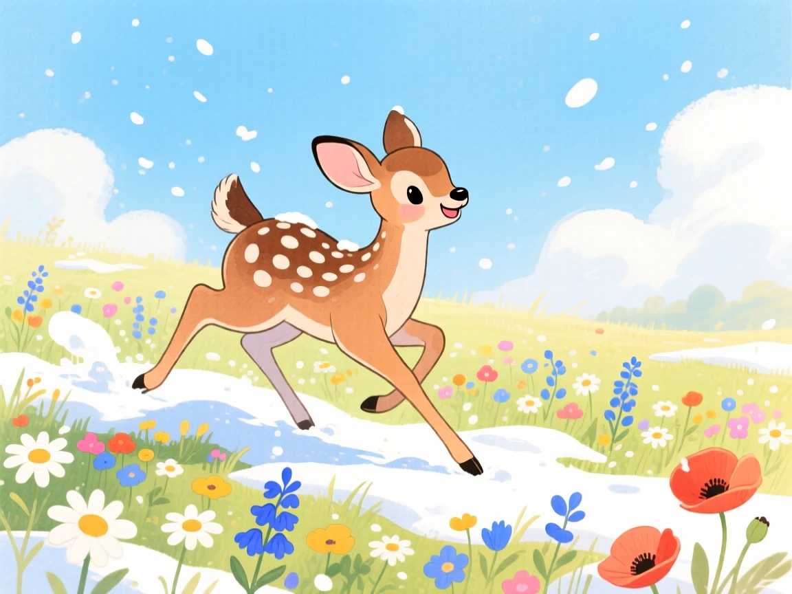 A spotted fawn romping through freshly fallen snow, set in a meadow bursting with wildflowers under a blue sky, evoking warmth and gentle affection.
