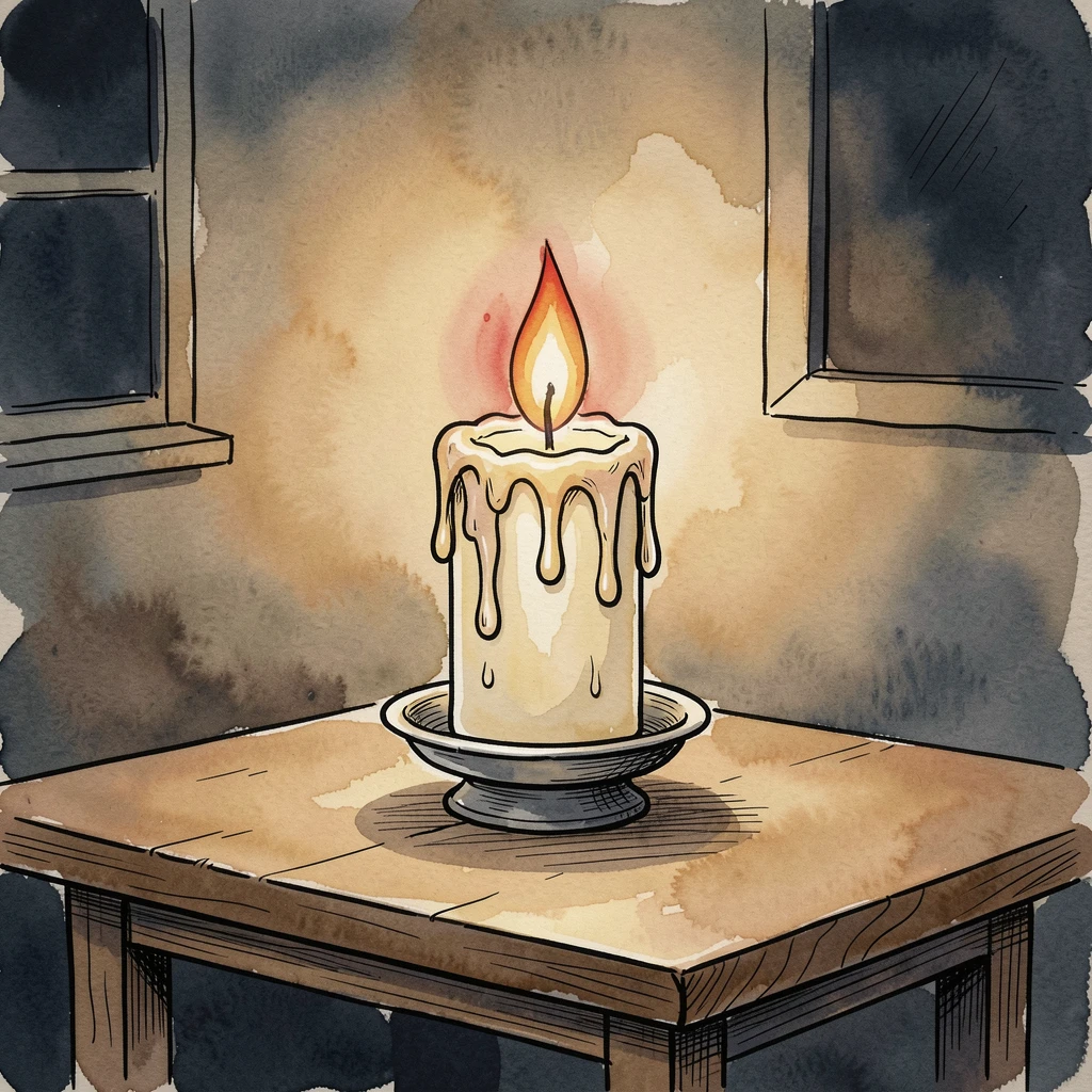 A single candle flame glowing steadily in a darkened room, warm light framing the scene with gentle optimism.