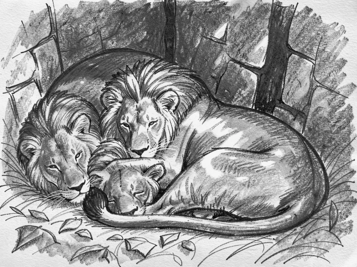 A pride of lions curled up asleep in a cozy den.