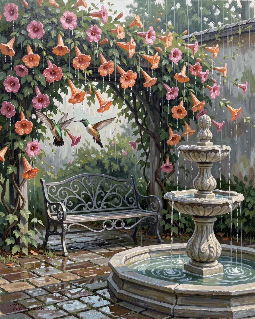 With a wrought-iron bench tucked beneath a flowering arbor, a courtyard garden with a stone fountain, a hummingbird hovering beside a trumpet-shaped flower, just after a light rain, petals beaded with water.