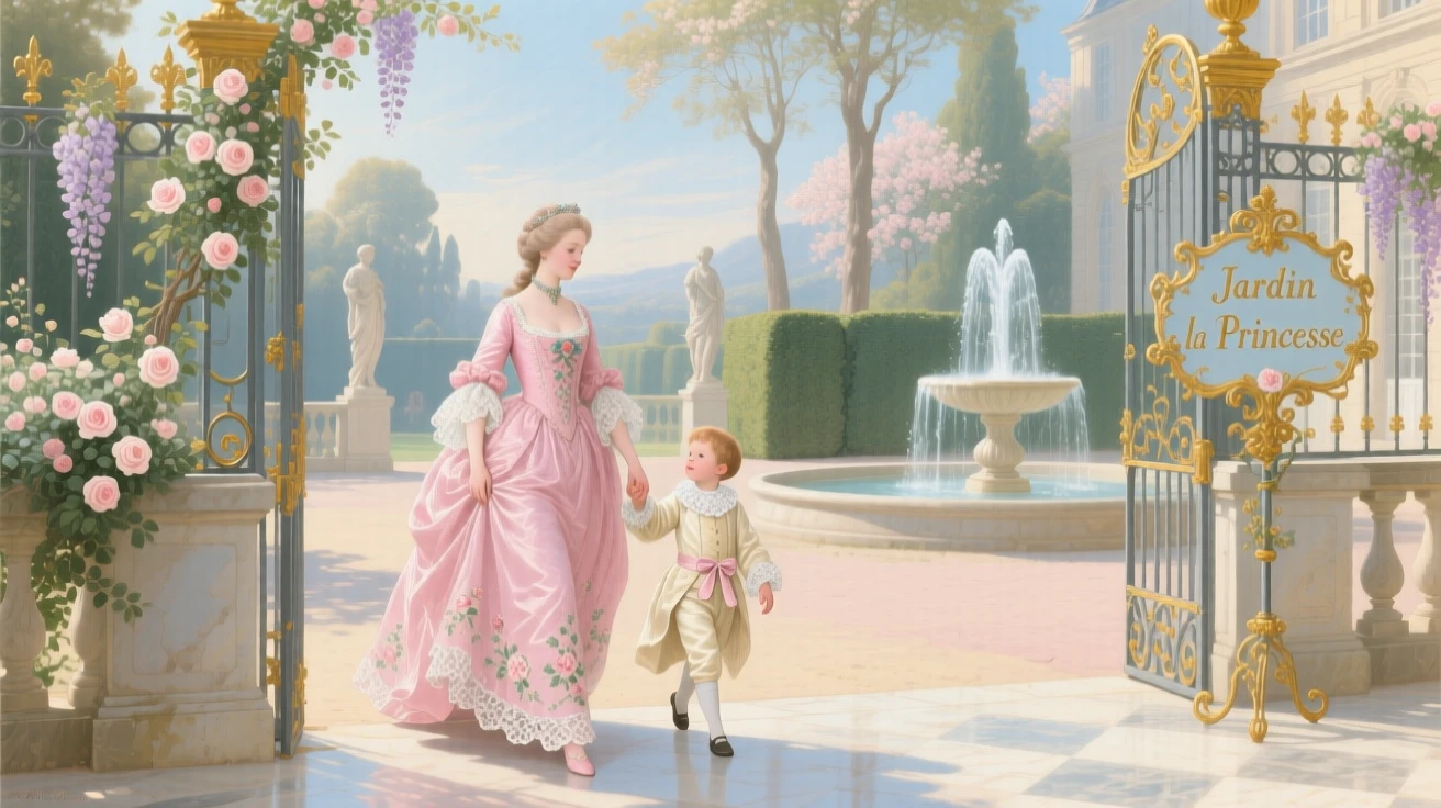 A princess holding hands with a child while walking through a palace courtyard  
