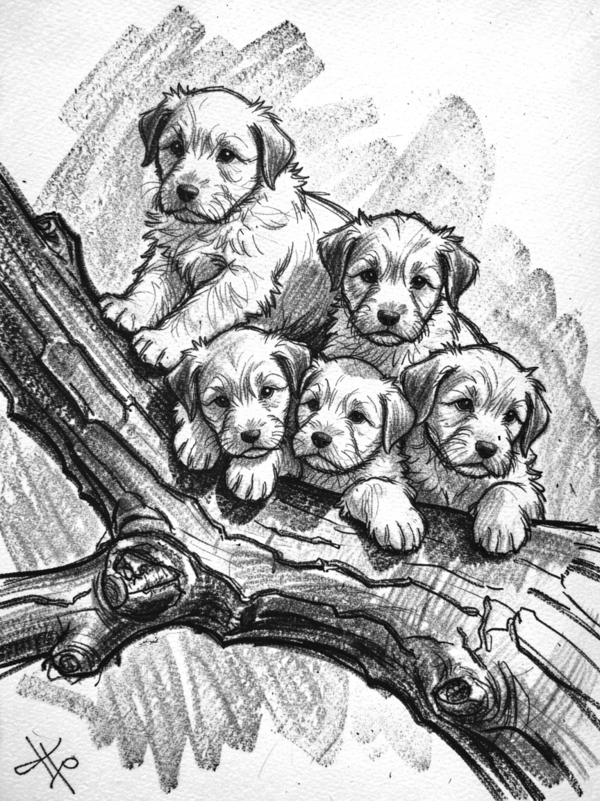 A litter of puppies perched on a weathered tree branch.