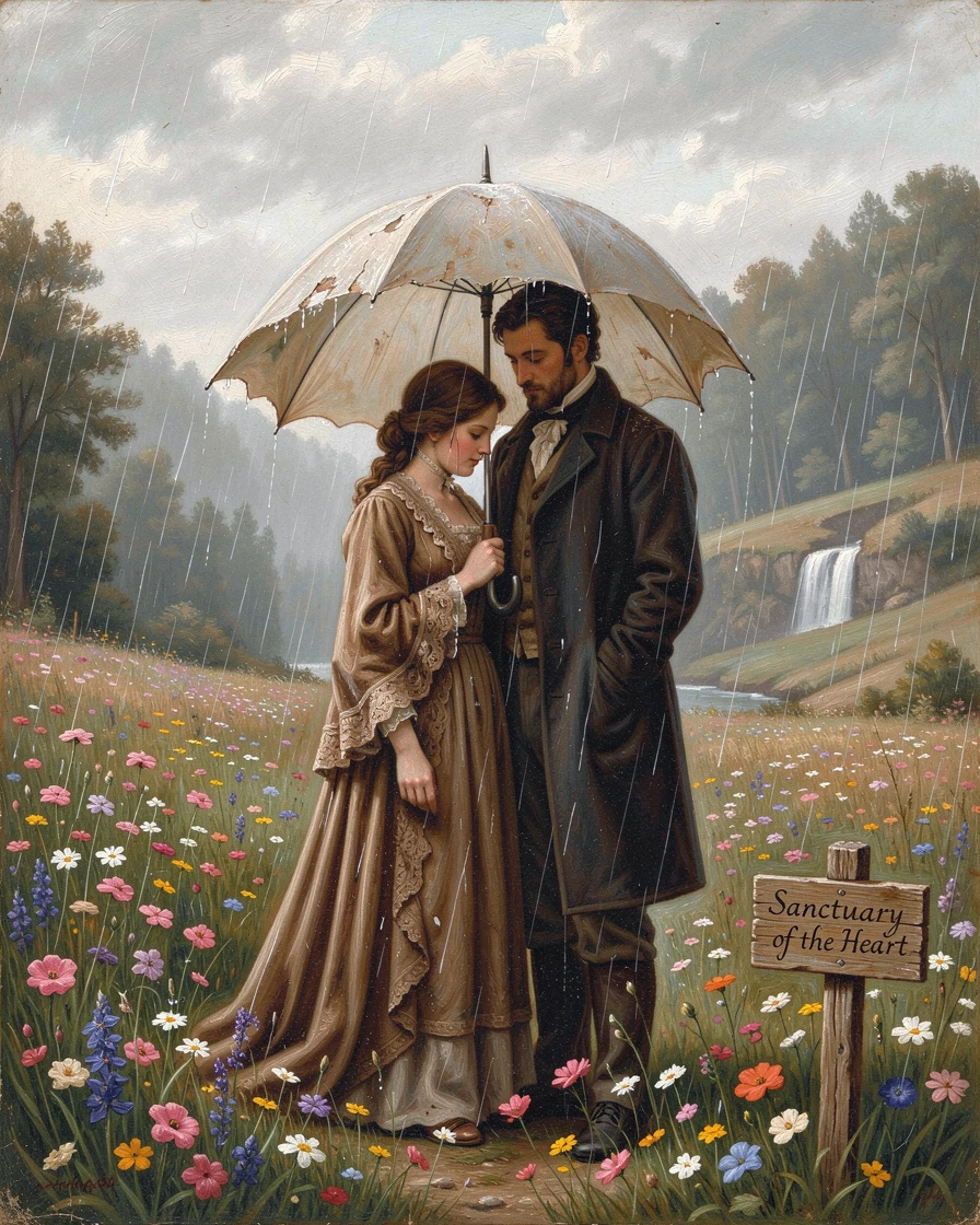 Two figures share an umbrella beneath a flower-filled meadow as rain falls softly around them.