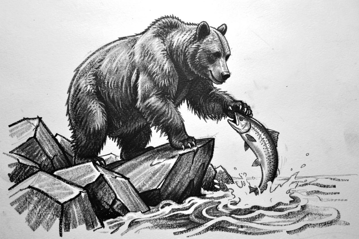 A grizzly bear catching salmon standing alert atop a rocky outcrop.