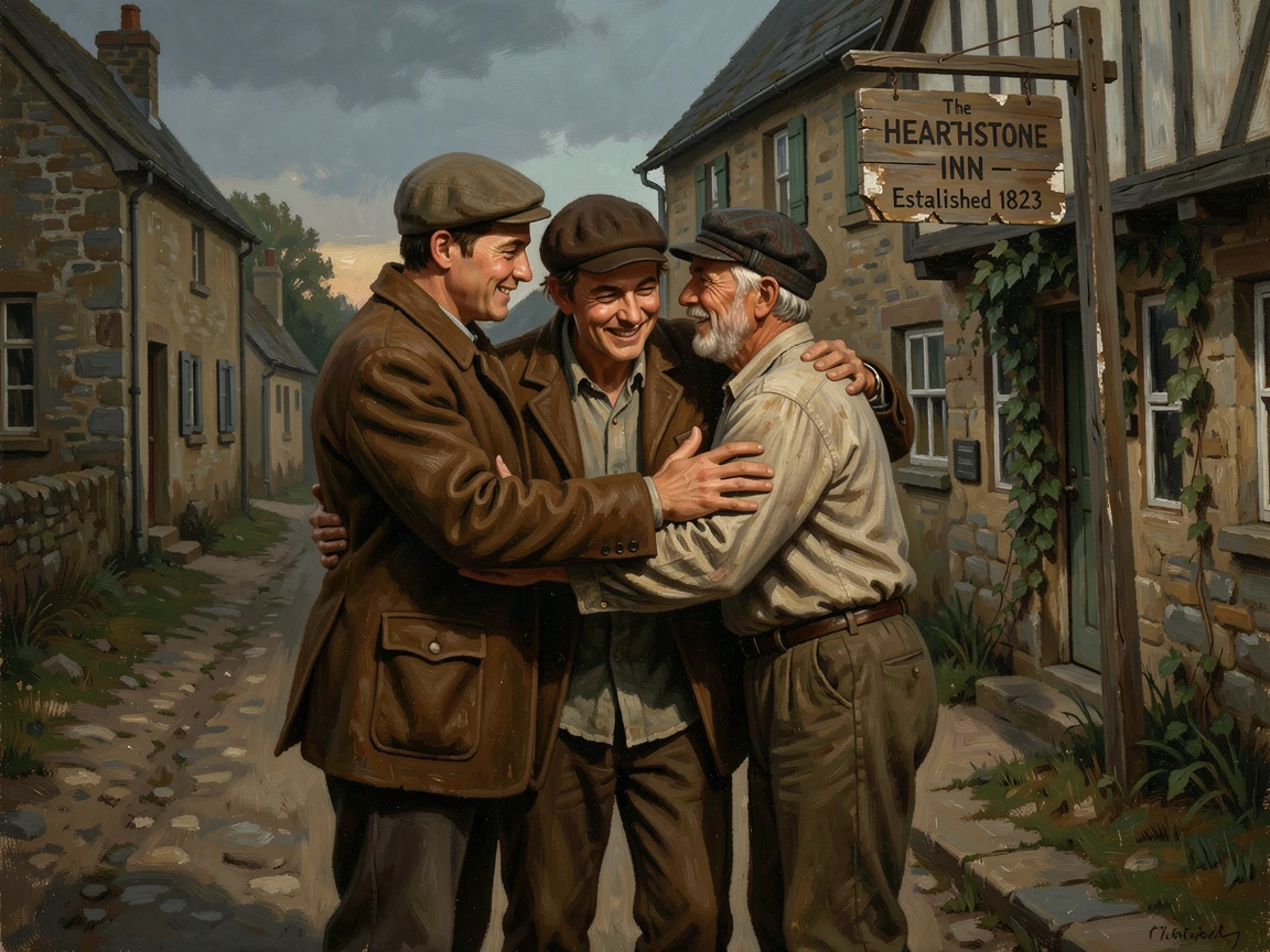 A young man returning to his hometown after years away, embraced by old friends, as the moment feels both deeply personal and universally relatable, celebrating courage, perseverance, and the strength of the human spirit