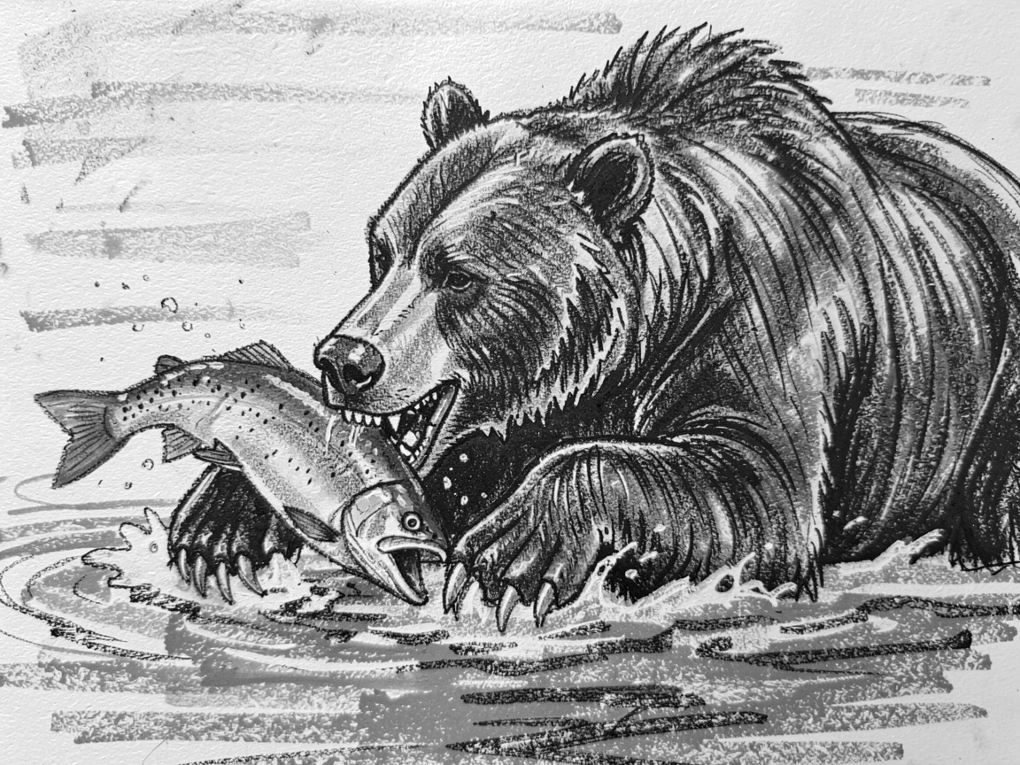 A grizzly bear catching salmon swimming through calm turquoise waters.