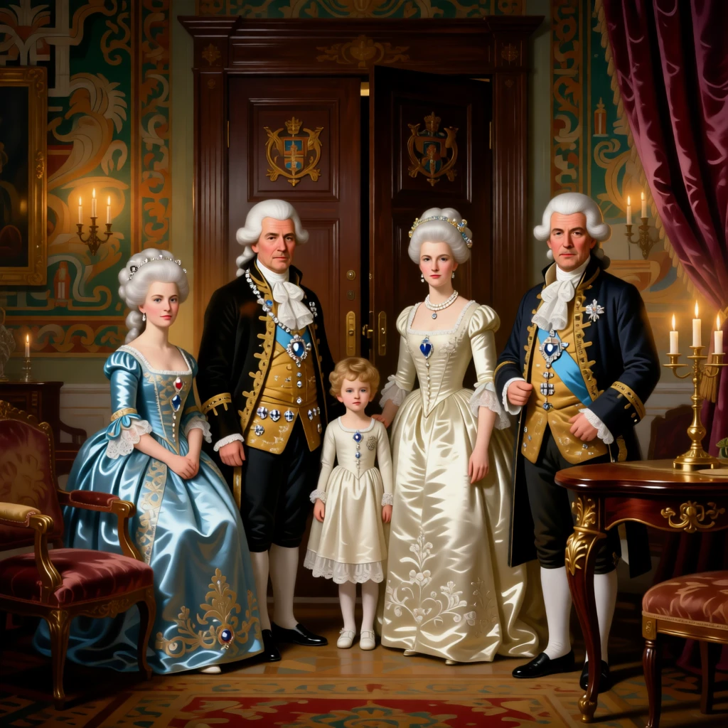A royal family posing for a formal portrait in their finest attire just before the grand doors are thrown open, set in a richly furnished drawing room with tapestried walls, with silk gowns, powdered wigs, and glittering jewels catching the light; warm candlelight pools around the principal figures against a cooler backdrop, radiating celebration, elegance, and social grace.