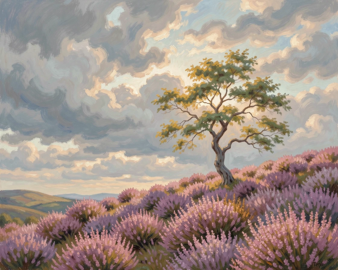 A hillside covered in blooming heather under a dramatic Scottish sky, a solitary tree standing on the ridge, during the height of summer, conveying a feeling of romance and tranquility.