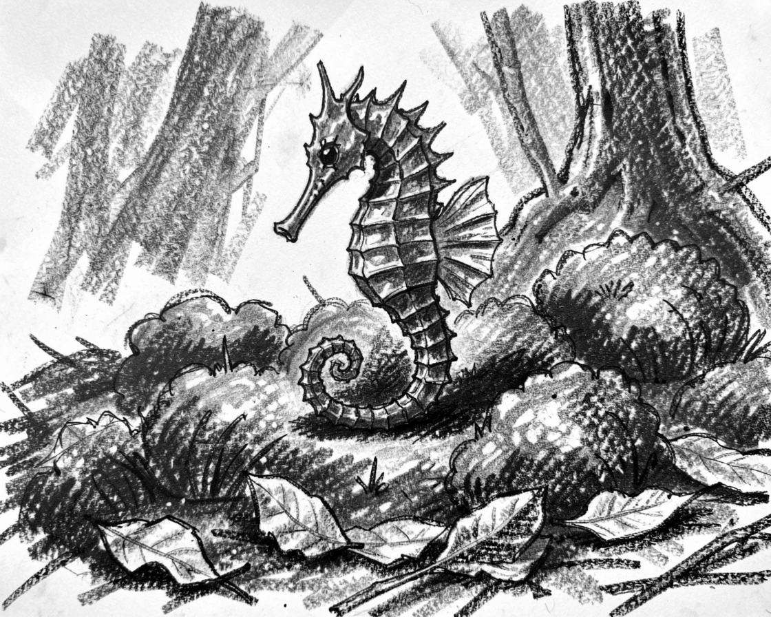 A seahorse exploring a moss-covered forest floor.