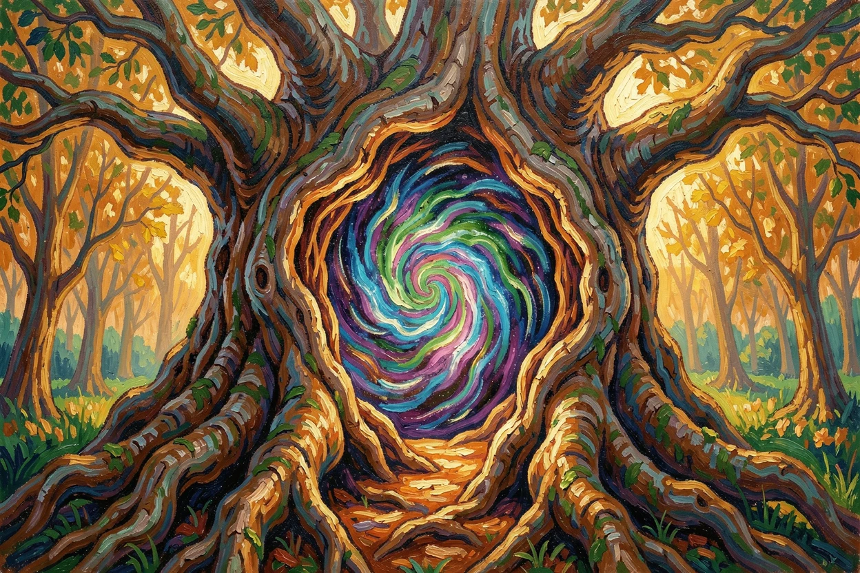 An ancient tree whose hollow trunk opens into a glowing portal to another world.