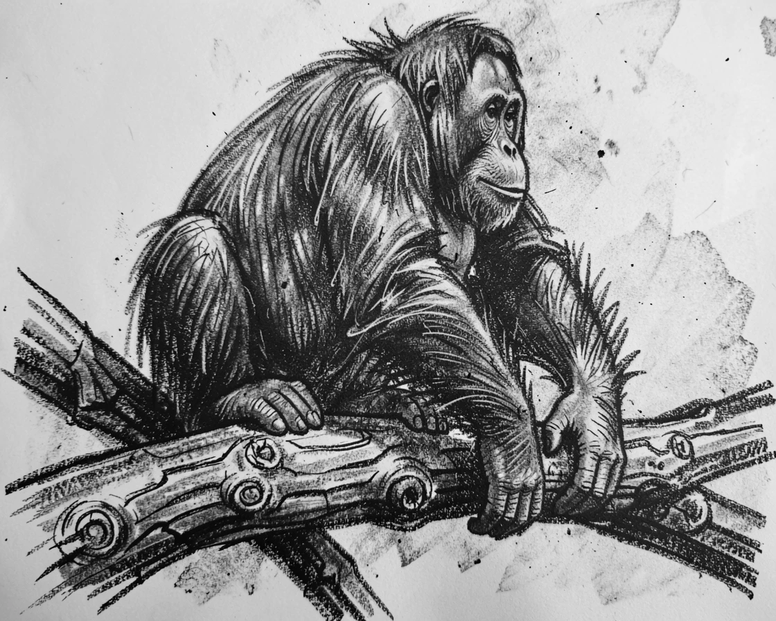 An orangutan perched on a weathered tree branch.