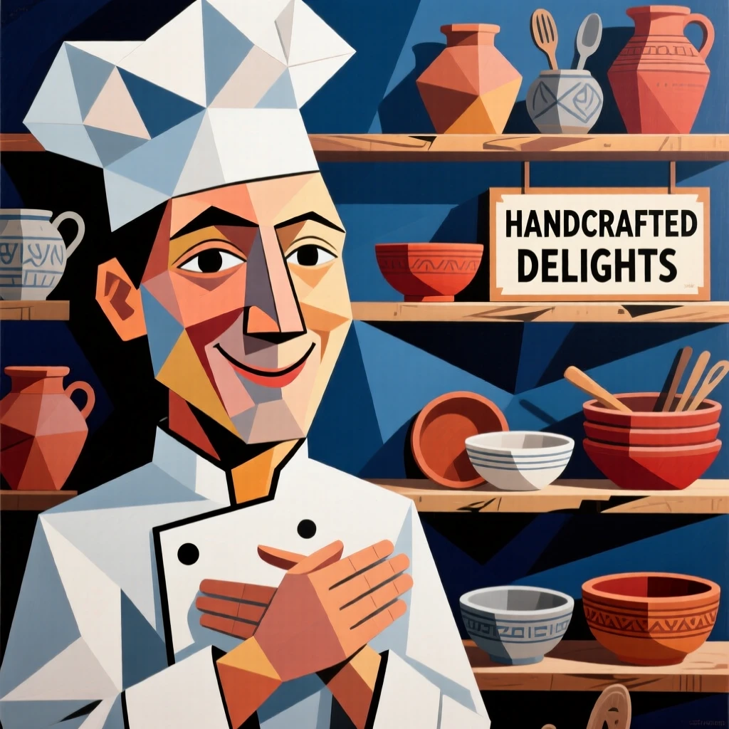 A tender close-up study of a chef smiling gently beside shelves lined with handmade wares.