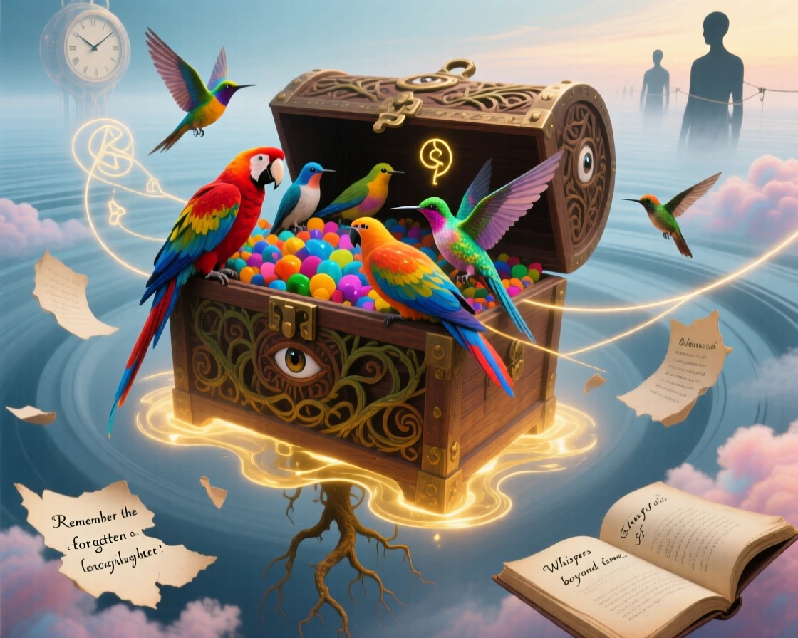 A chest overflowing with birds representing released memories drifts slowly through a space with no clear boundary, while soft light gathers gently around its edges.