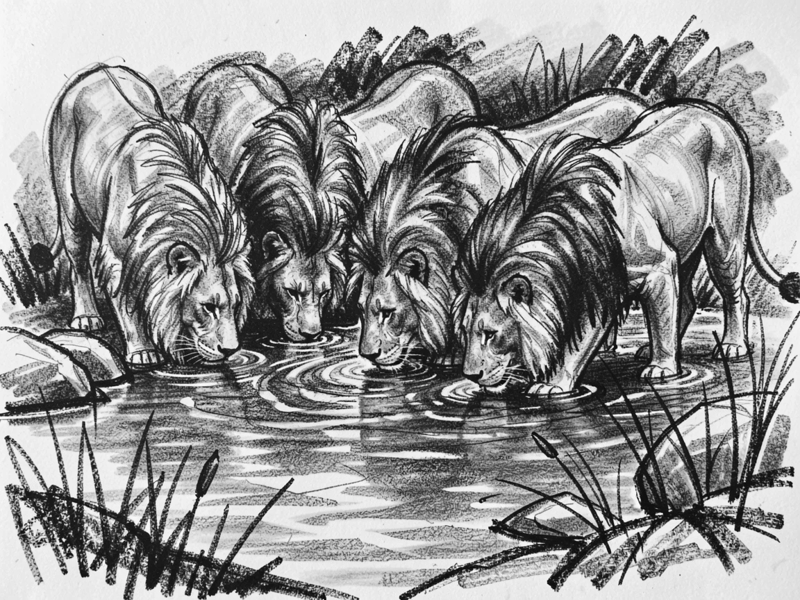 A pride of lions drinking from a crystal-clear stream.