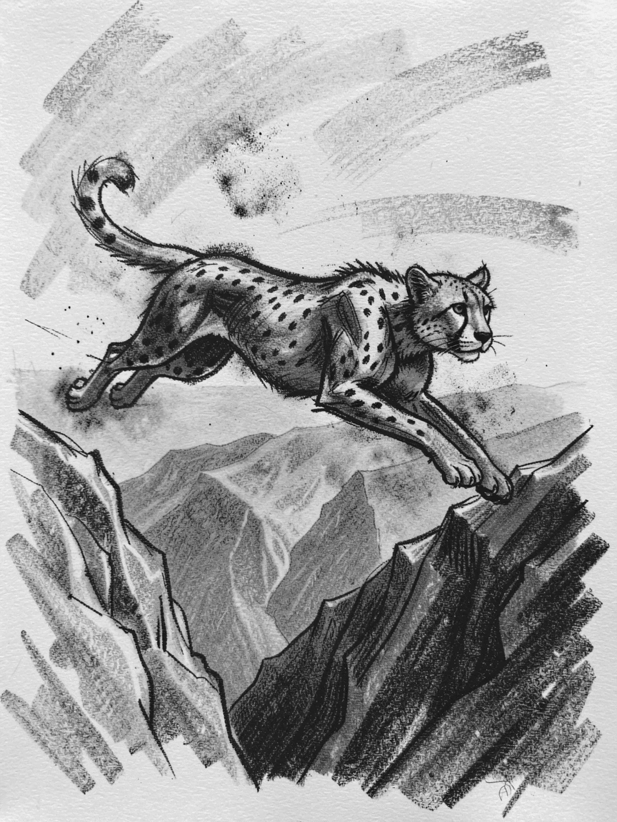 A cheetah mid-sprint soaring high above a mountain valley.