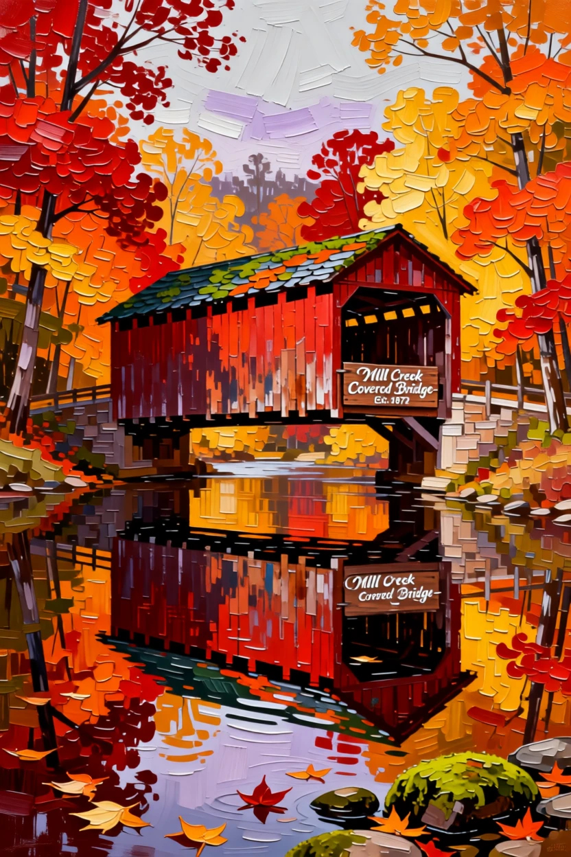 A historic covered bridge reflected in a calm river during peak autumn color