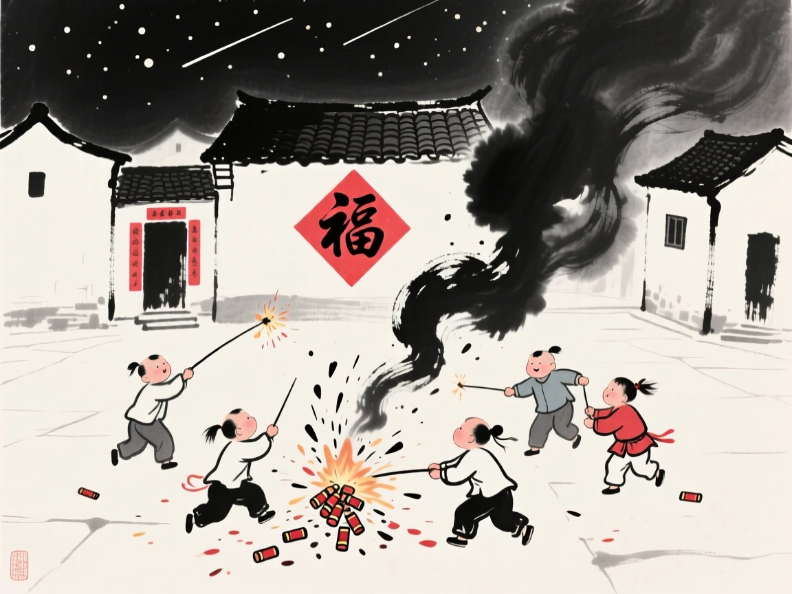 Children set off firecrackers in a village square during New Year celebrations, as the first stars appear above the festive village.