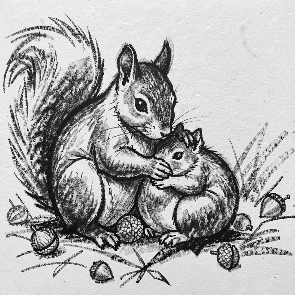 A squirrel gathering acorns grooming its young with gentle care.