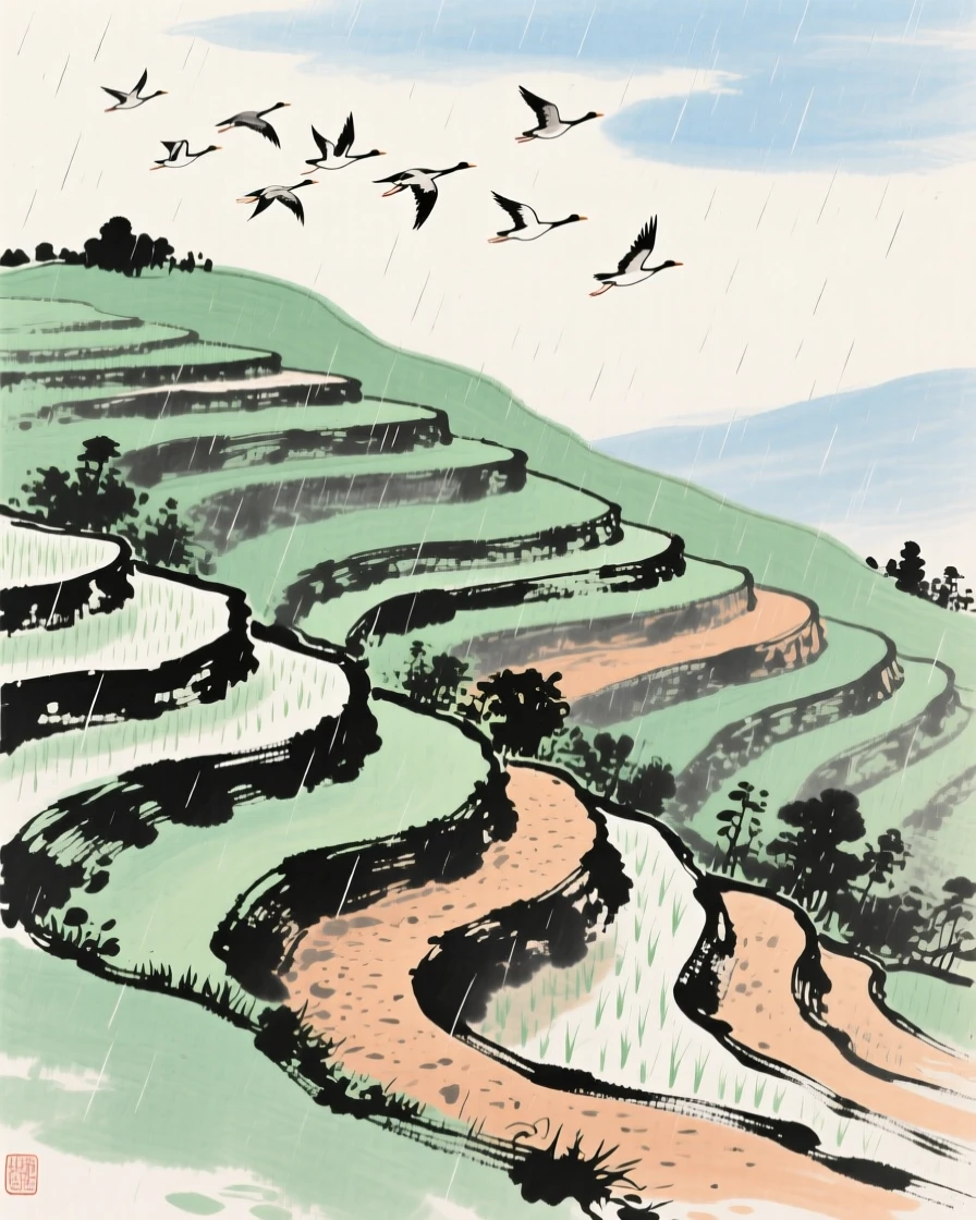 Terraced rice fields stepping down a green hillside, where wild geese fly in formation overhead, in the soft light of late afternoon, as summer rain begins to fall.
