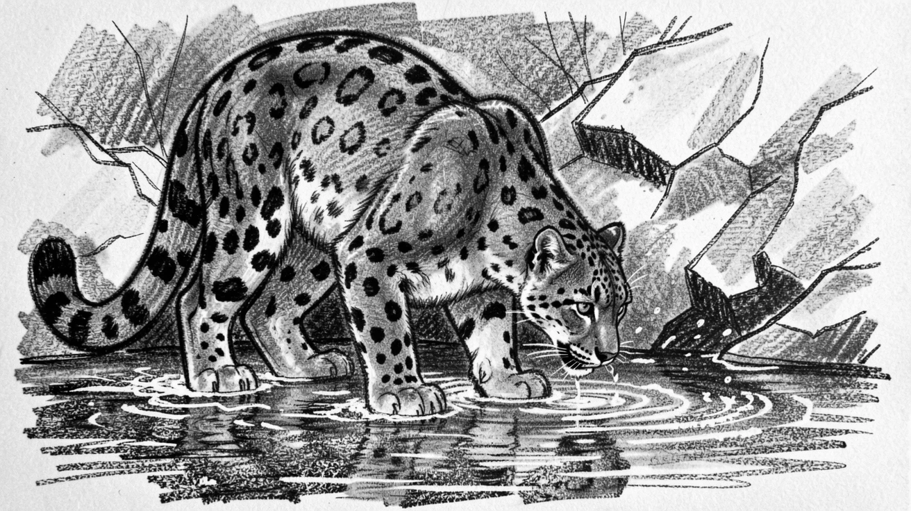 A snow leopard drinking from a crystal-clear stream.