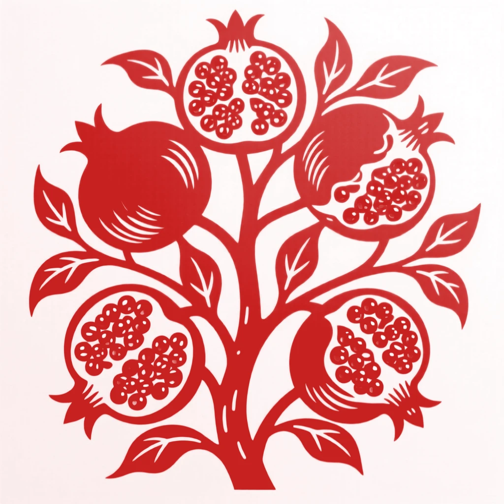 A pomegranate branch heavy with ripe, split fruit revealing clusters of jewel-like seeds, symbolizing fertility and abundance