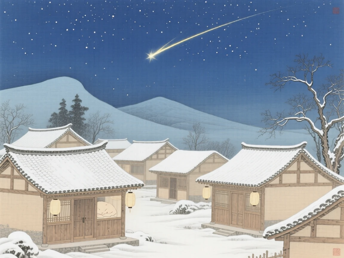 A shooting star streaking above a sleeping village, over rooftops dusted with fresh snow
