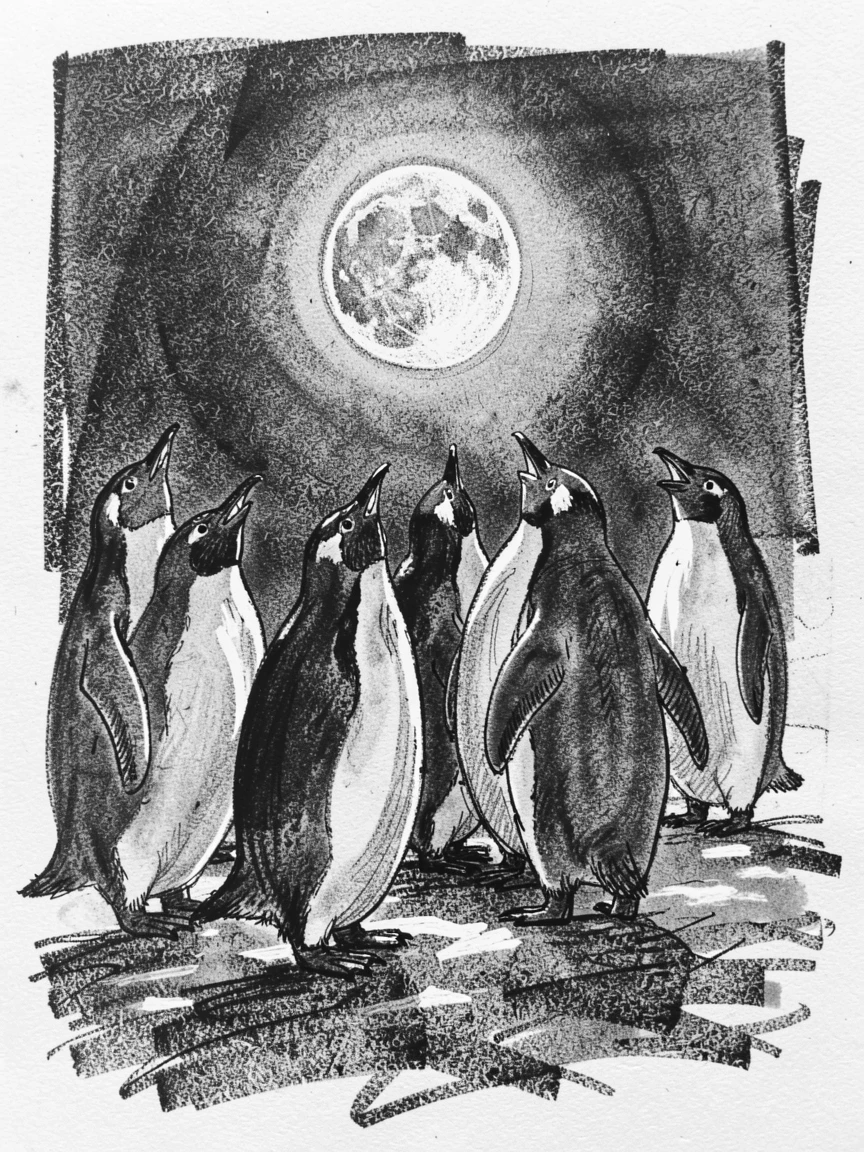 A penguin colony howling at a full moon.
