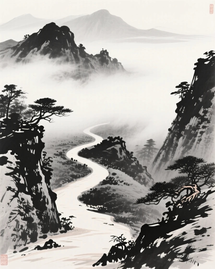 An empty mountain trail winding into the clouds as mist slowly lifts from the valley, framed minimally, letting emptiness carry the mood, evoking deep introspection and quiet solitude.