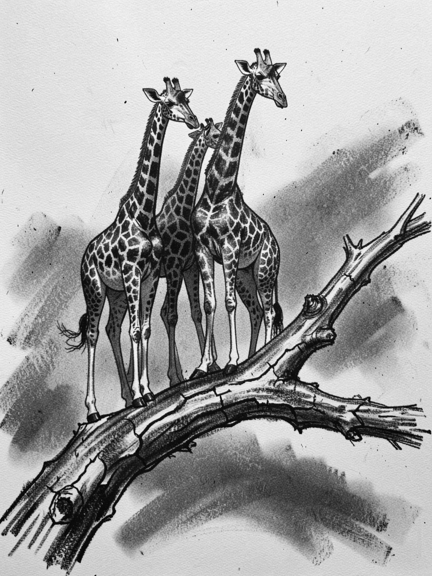 A giraffe family perched on a weathered tree branch.