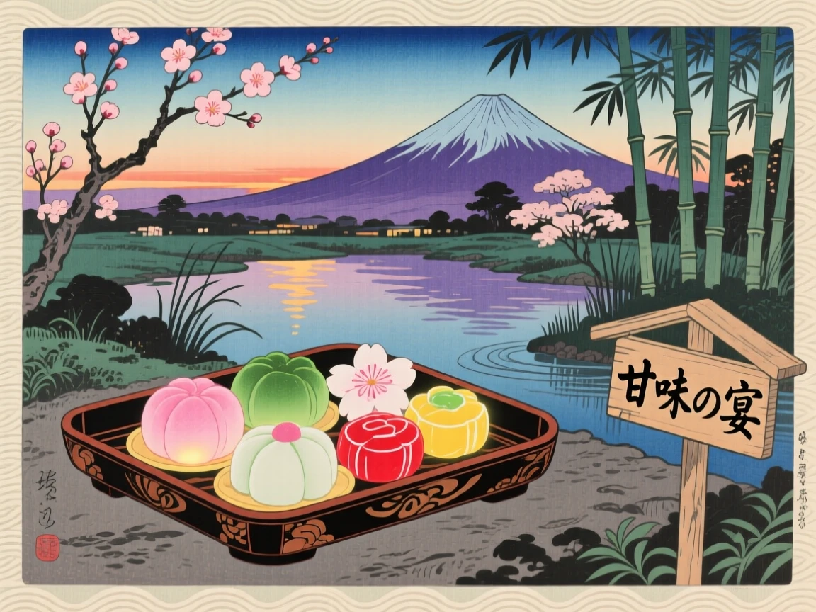 A tray of colorful sweets glowing softly at dusk.