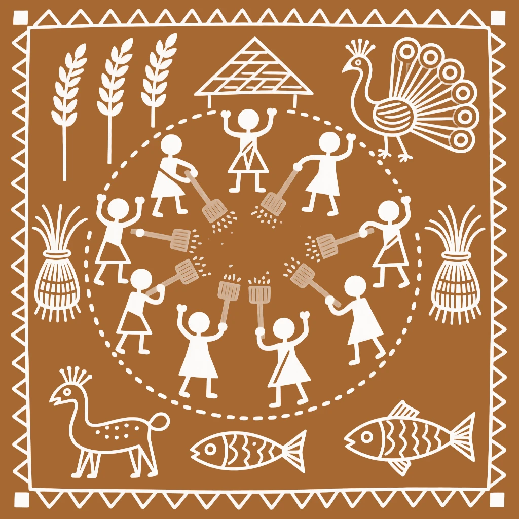 A composition centered on a village threshing circle surrounded by symbols of prosperity and good fortune.
