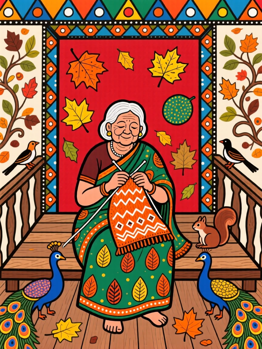 A grandmother knitting quietly on a porch as autumn leaves fall.
