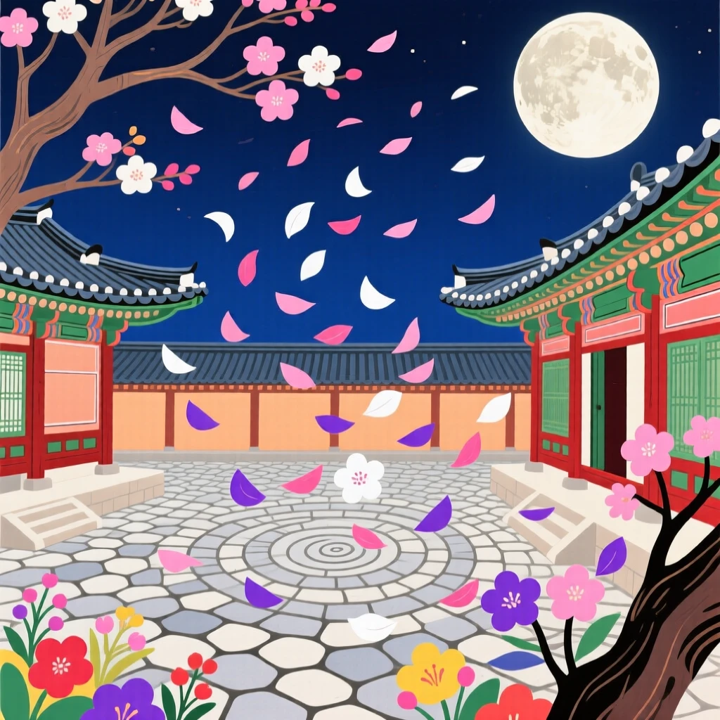 A moonlit palace courtyard where flower petals drift endlessly through the air.