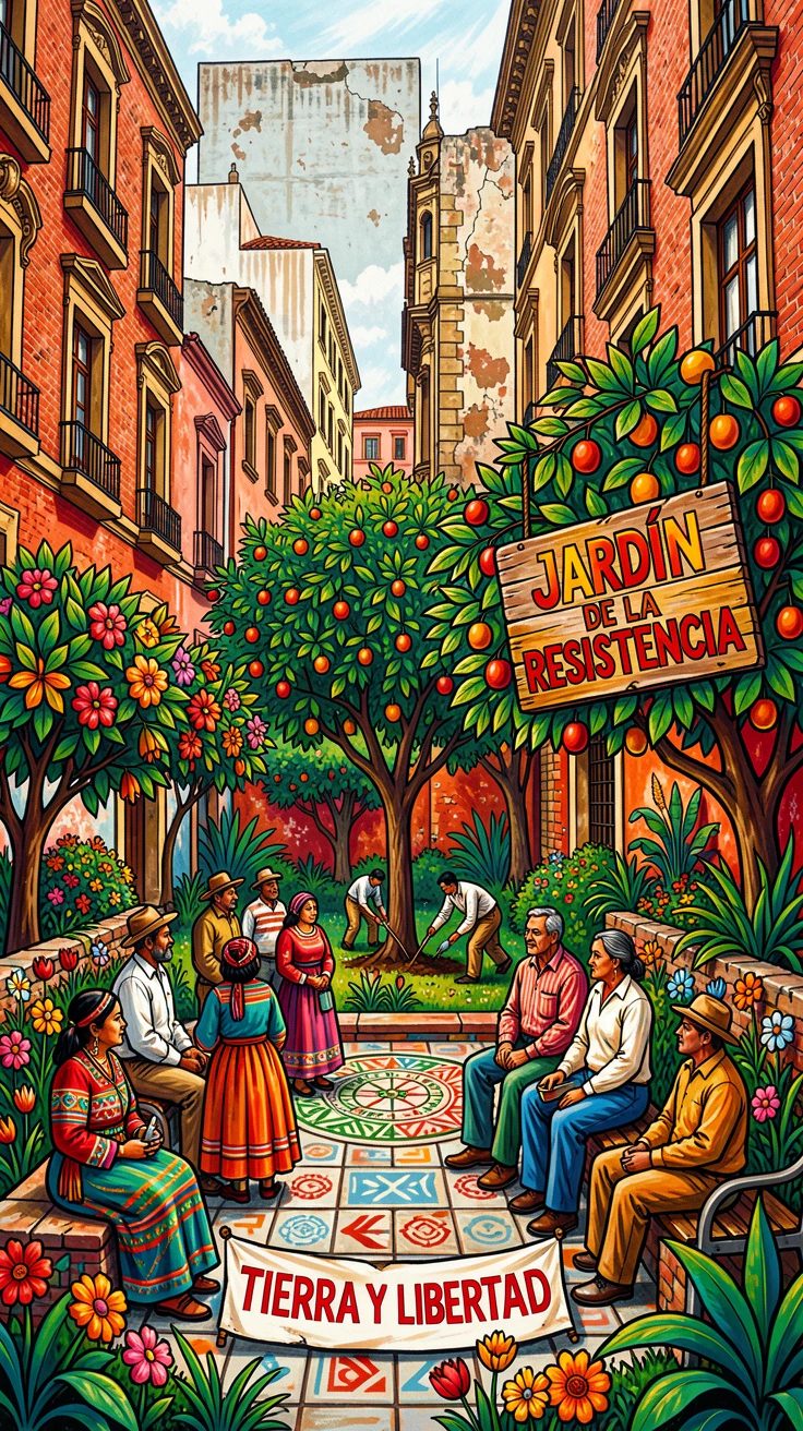 A quiet garden square hidden behind city buildings