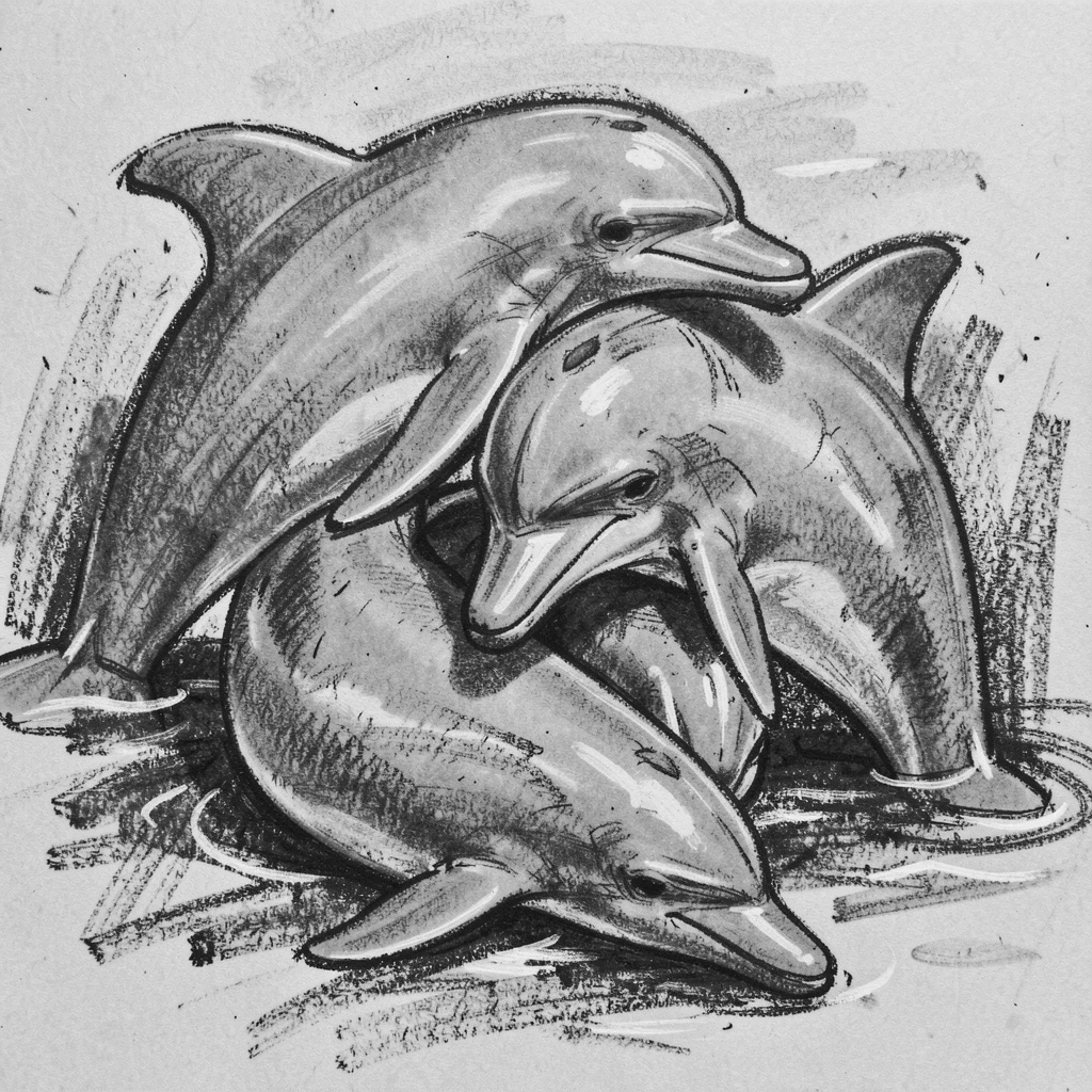 A pod of dolphins grooming its young with gentle care.