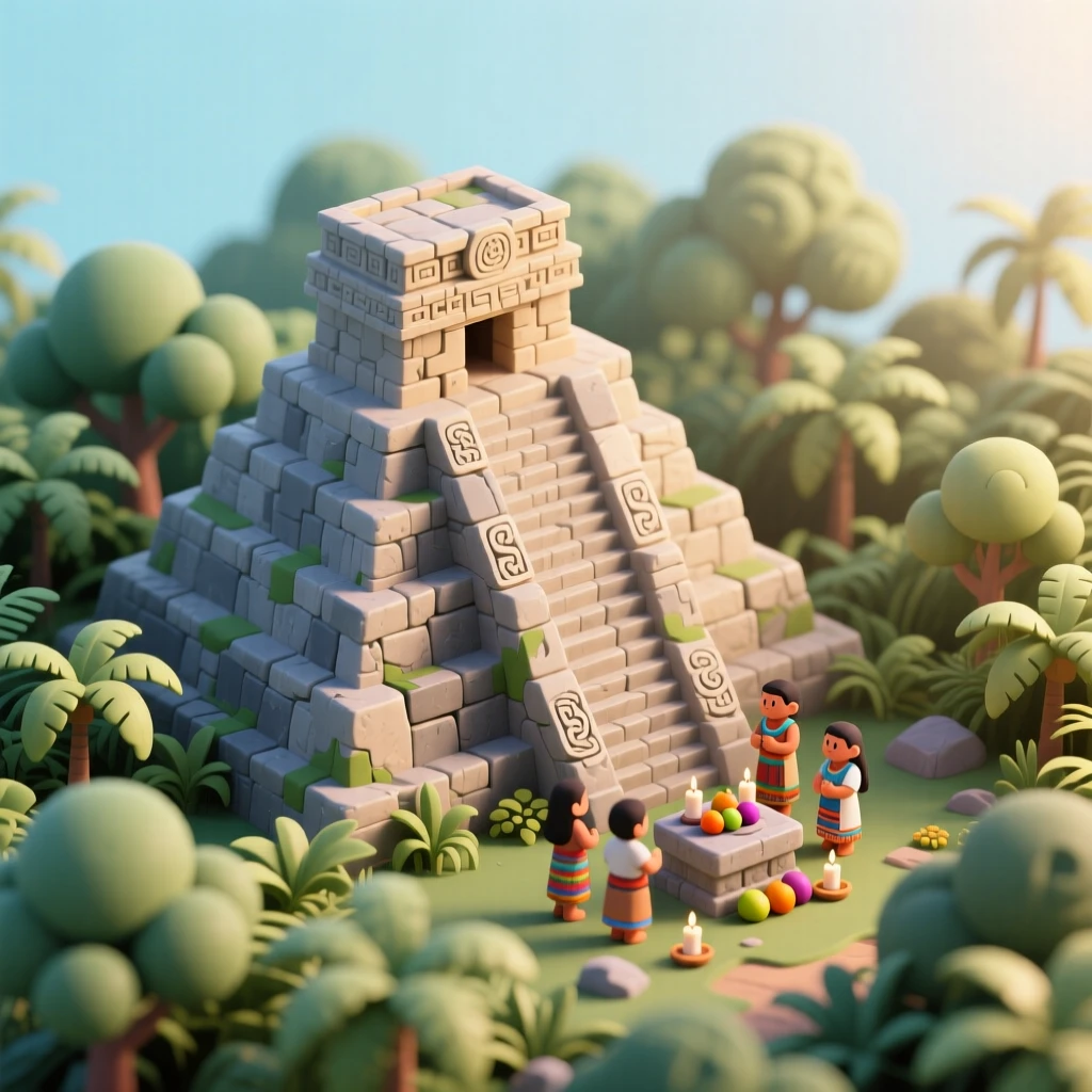 A Mayan temple pyramid rising from the jungle canopy, a ceremony taking place on its stone steps at dawn.