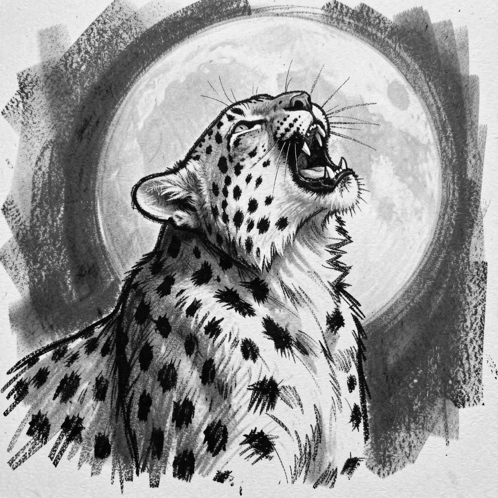 A snow leopard howling at a full moon.