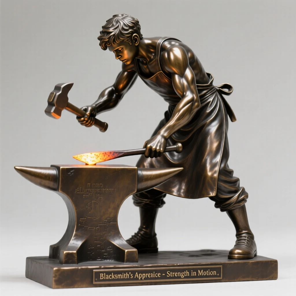 A blacksmith's apprentice hammering glowing metal, with muscles tensed in graceful strength, forming a strong central focal point